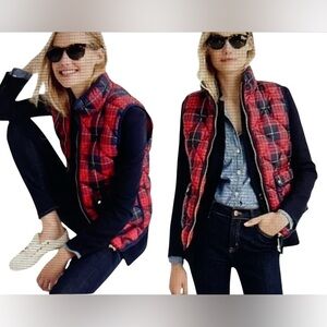 J. CREW Excursion Quilted Puffer Red Black Buffalo Check Plaid Down Filled Vest